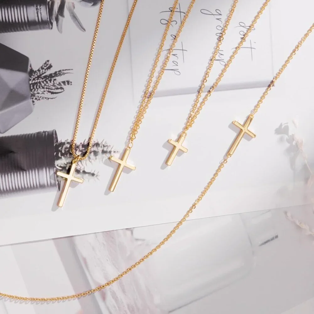 Women 04 Simple Cross Gold 14K Gold Silver Cross Necklace - Non Tarnish Jewelry - Picture 7 of 8